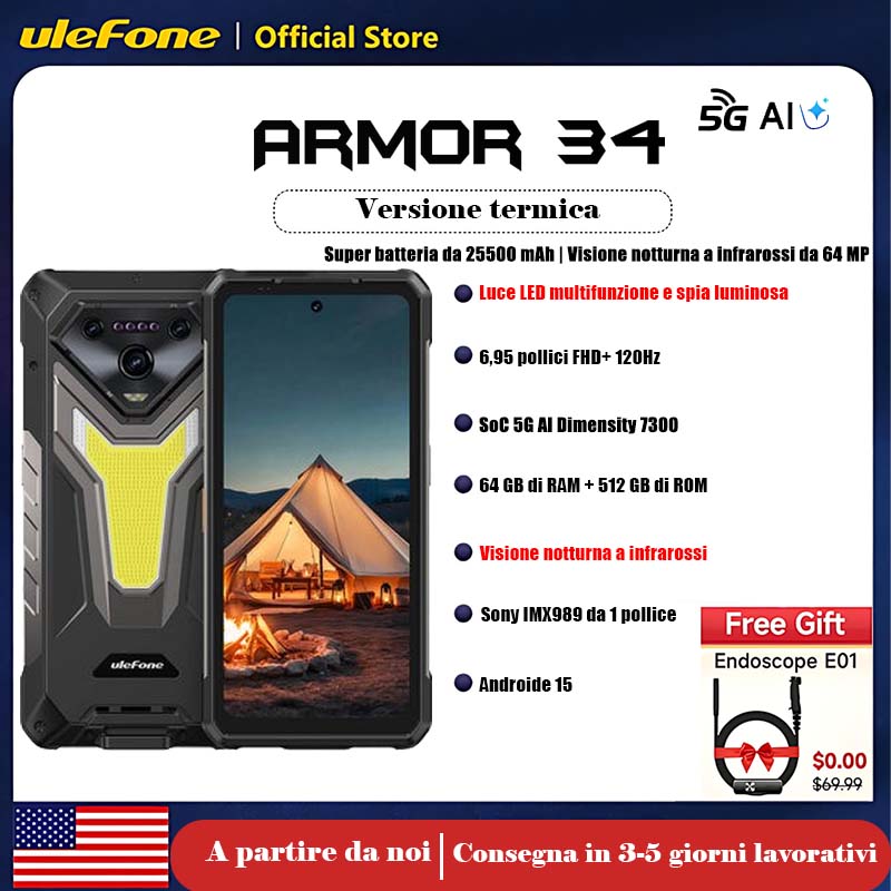 Armor 34: batteria da 25500 mAh | visione notturna a infrarossi da 64 MP | display FHD+ 120 Hz da 6,95 pollici con luce LED multifunzione e indicatore | SoC Dimensity 7300 5G | 32 GB di RAM + 512 GB di ROM | Android 15