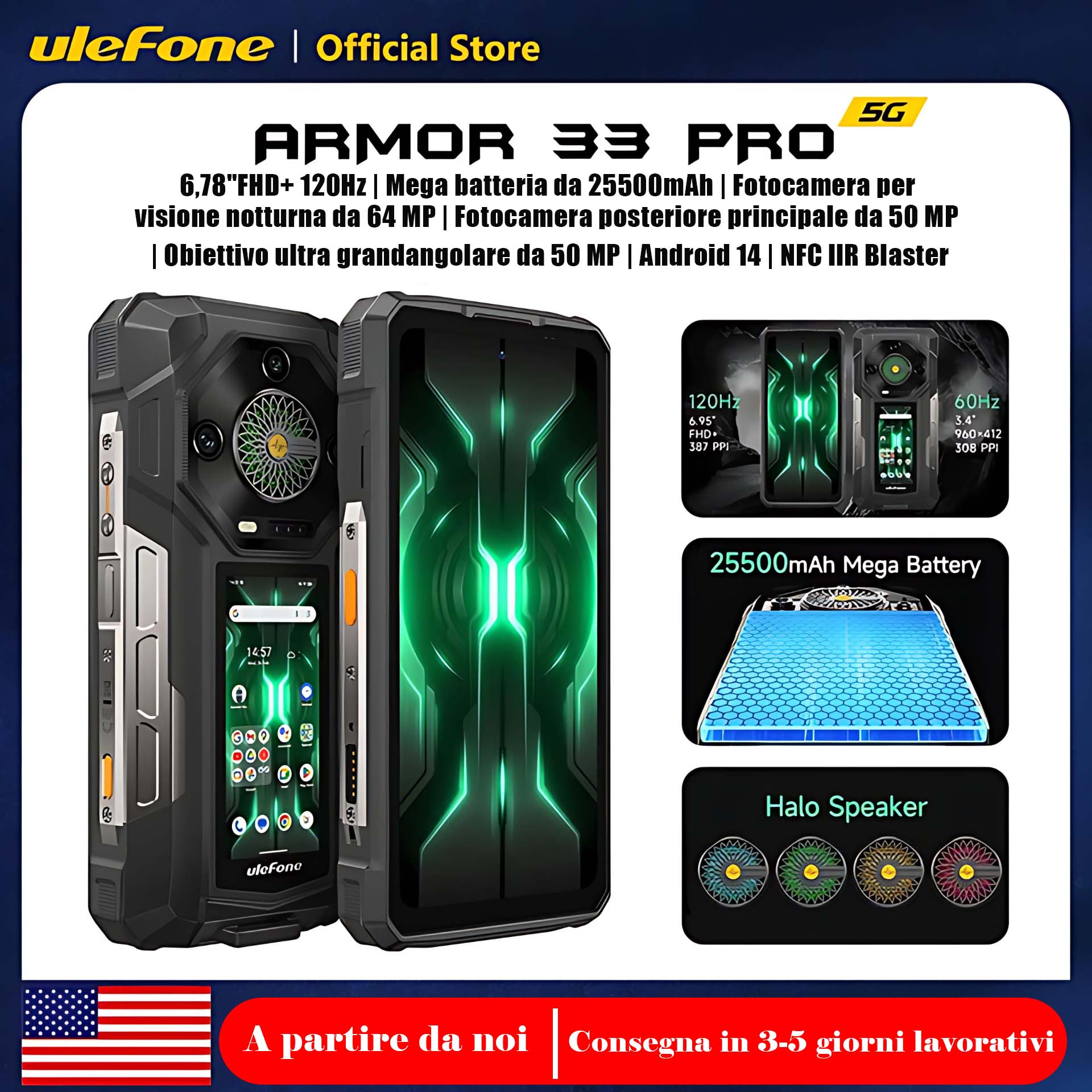 Ulefone Armor 33 Pro Telefono robusto 5G, batteria da 25500 mAh, 512 GB di memoria, frequenza di aggiornamento di 120 Hz, display posteriore da 6,59